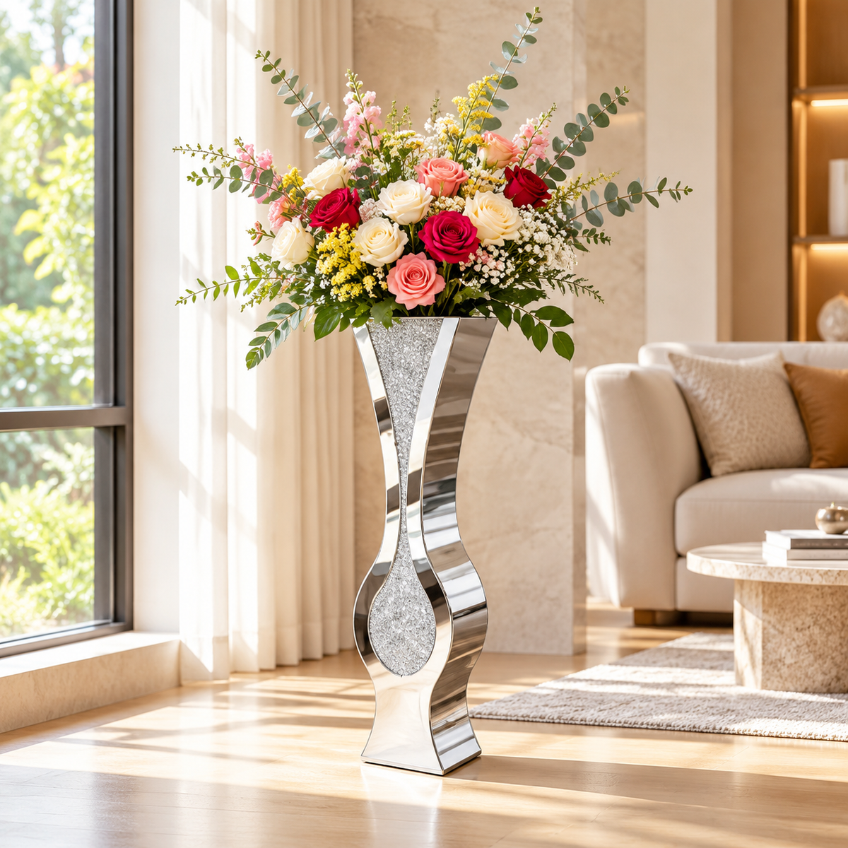 Silver Mirrored Floor Vase with Crushed Diamond Design