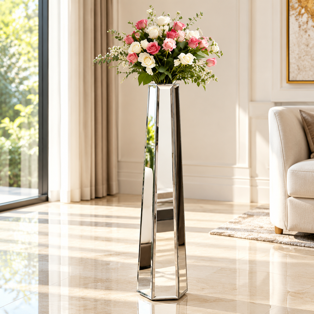 Silver Mirrored Floor Vase with Crushed Diamond Design