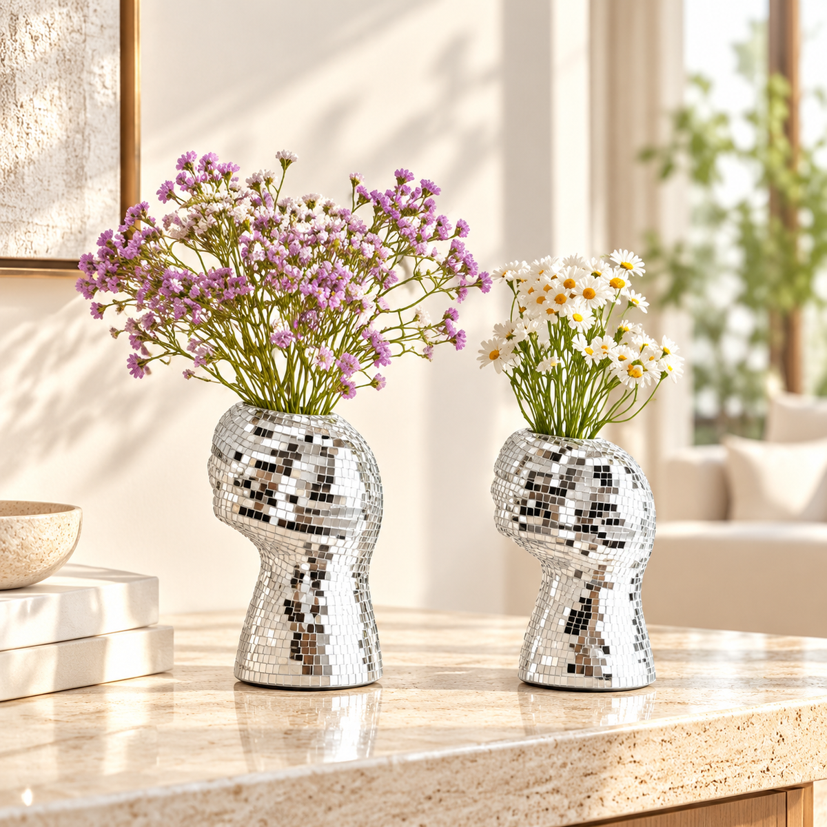 Silver Hand-Shaped Disco Vase with Mirror Tiles
