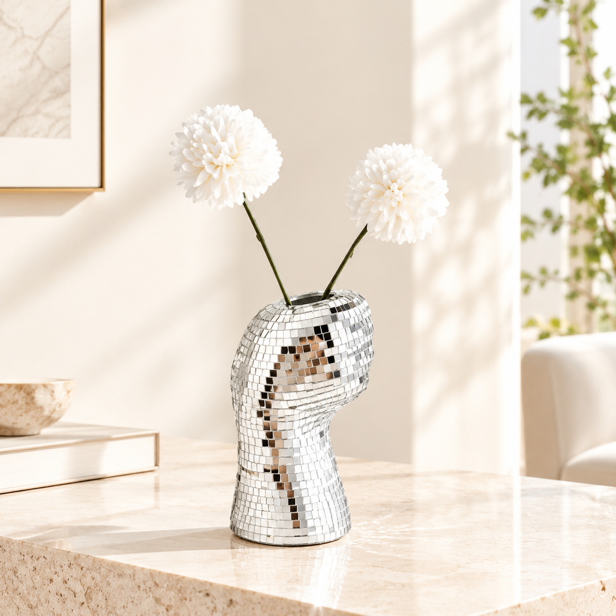 Silver Hand-Shaped Disco Vase with Mirror Tiles