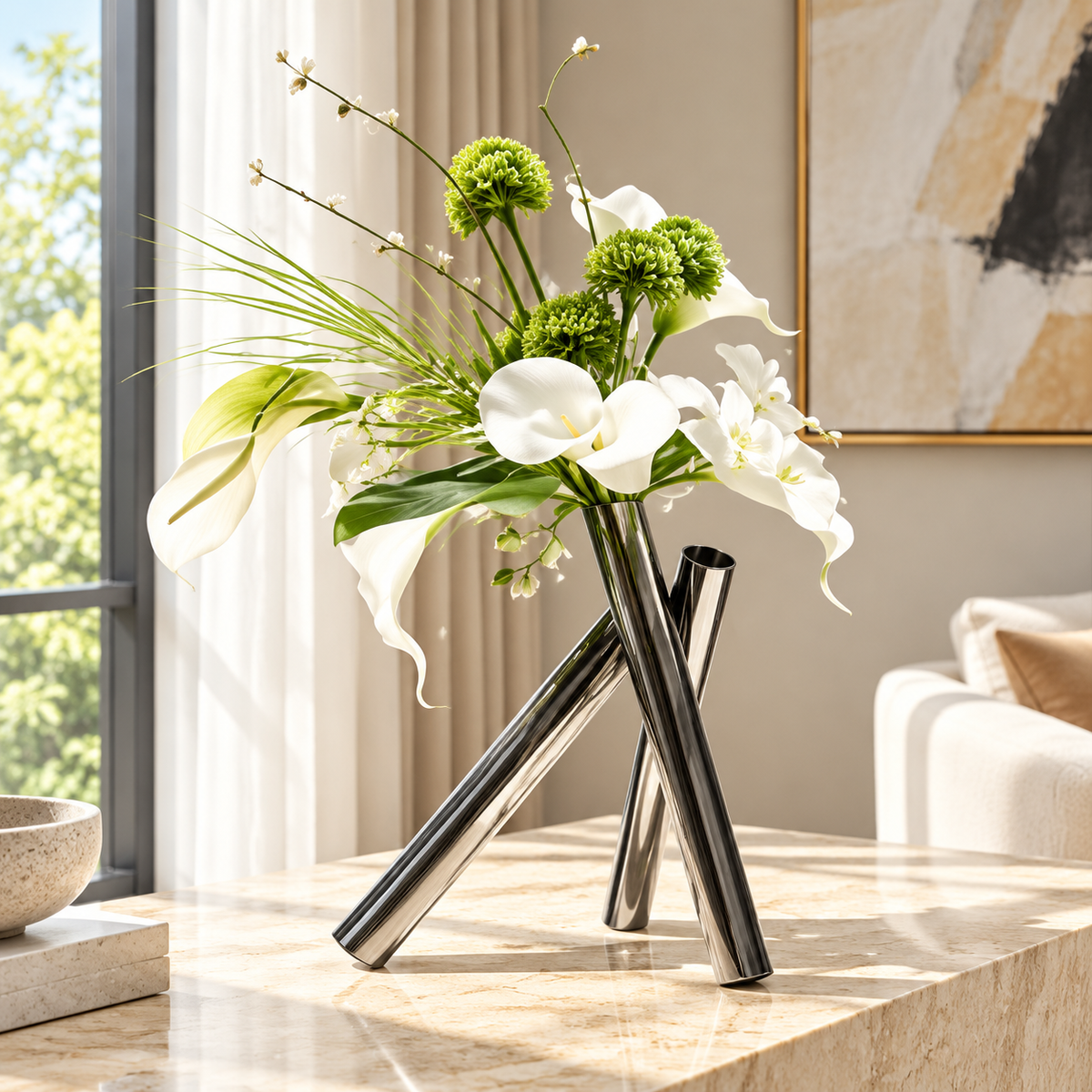 Geometric Stainless Steel Tripod Vase for Dried Flowers
