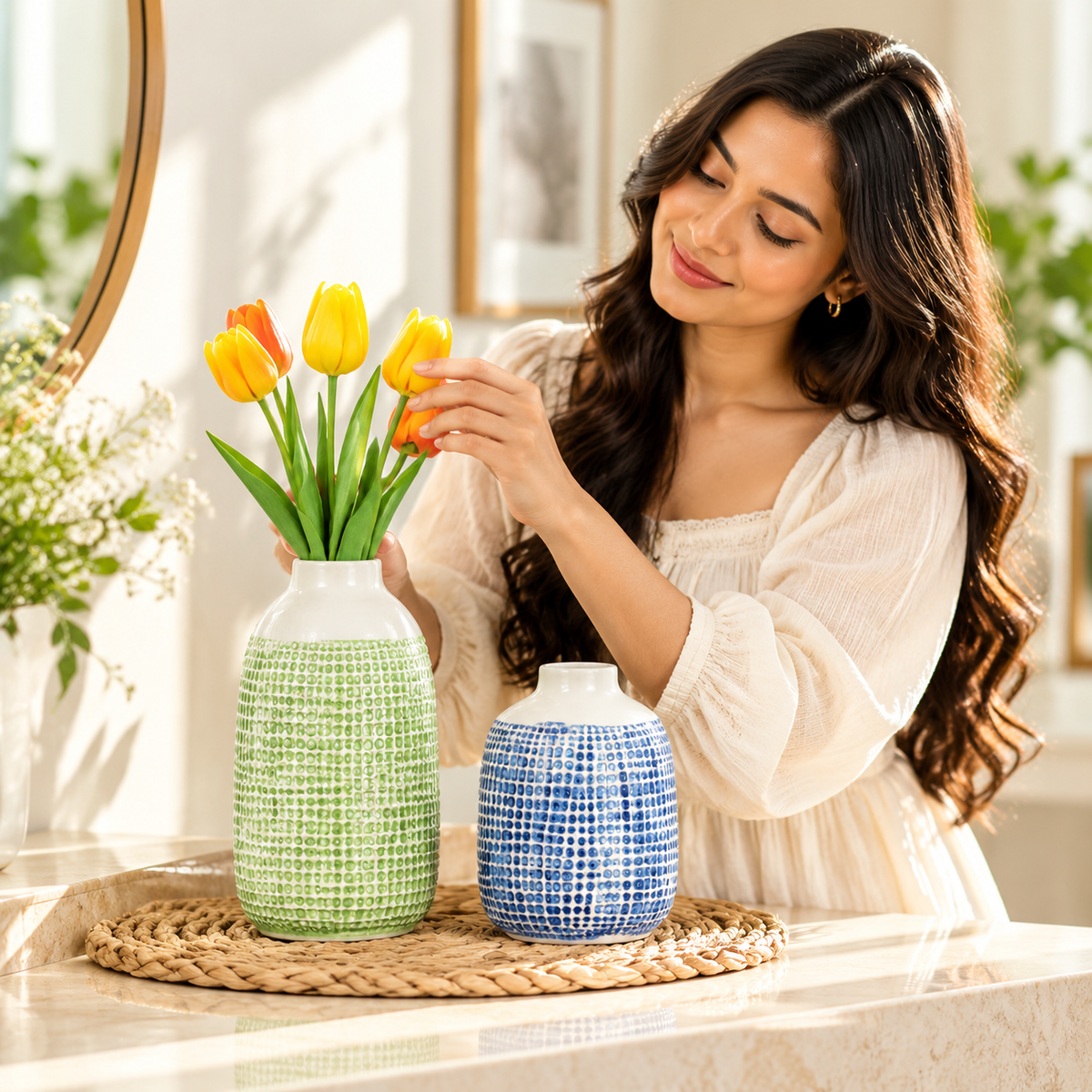 Colorful Grid Texture Ceramic Vase for Modern Home Decor