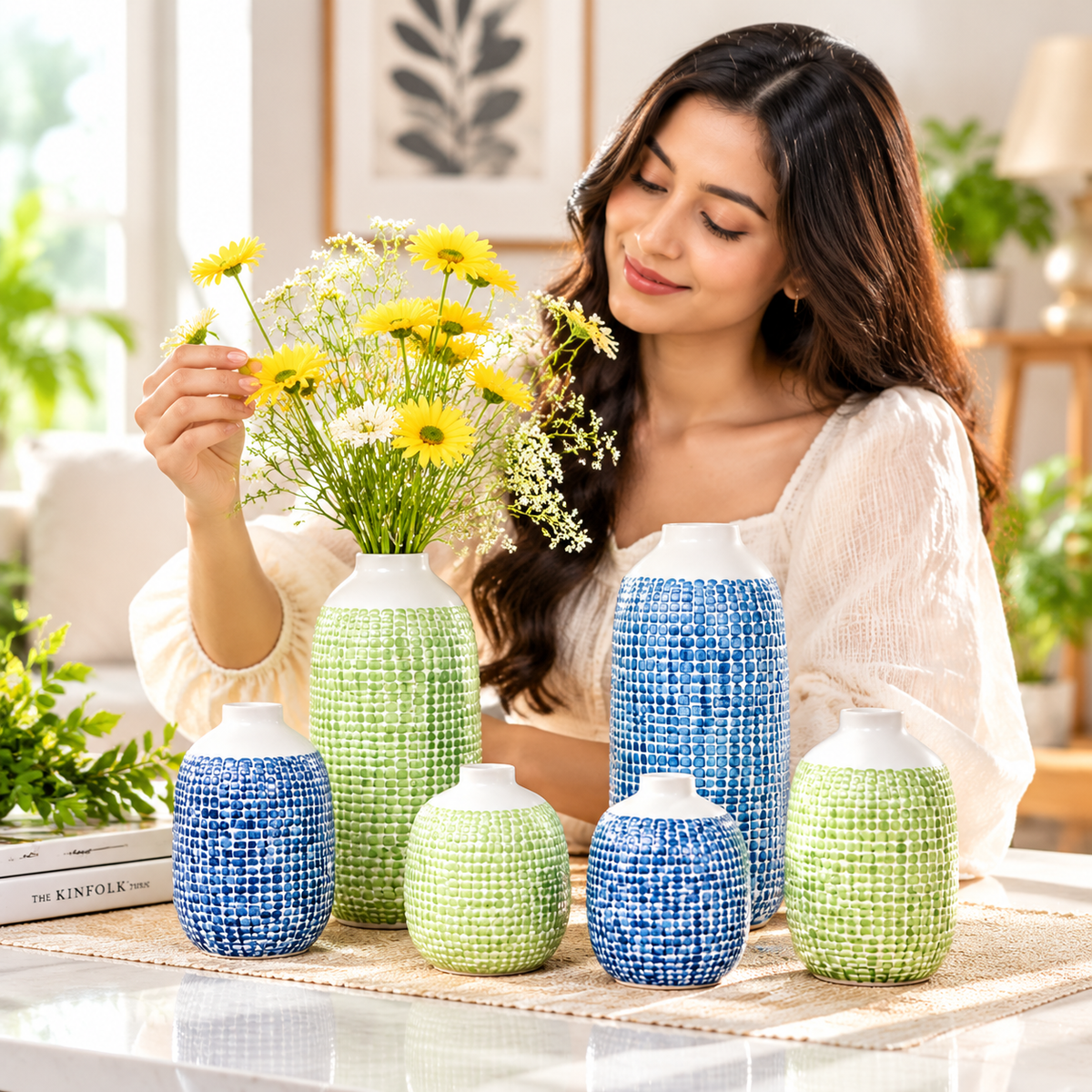Colorful Grid Texture Ceramic Vase for Modern Home Decor